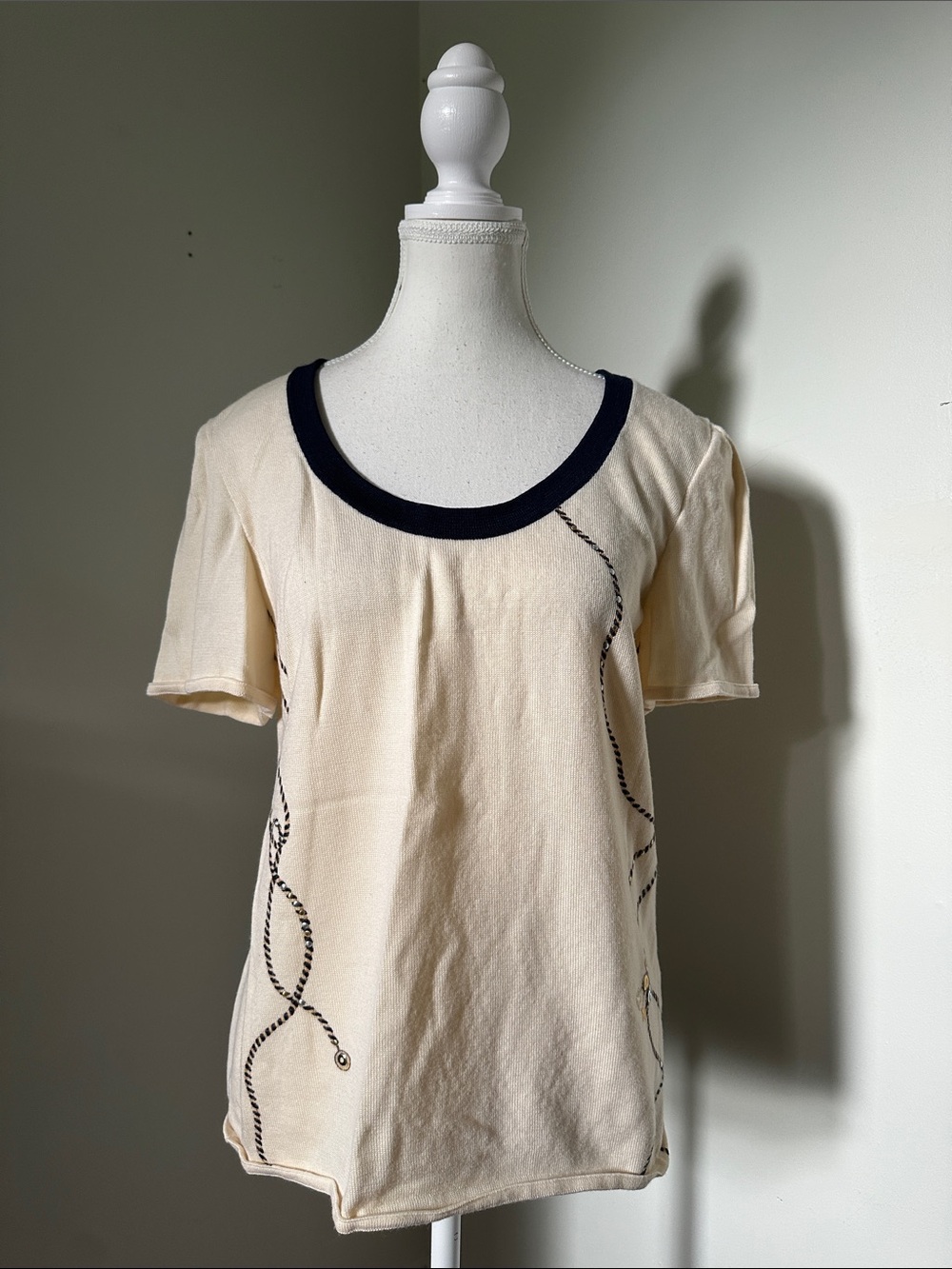 ST. JOHN SPORT 100% Wool Cream Nautical Preppy Old Money Short Sleeve Medium
